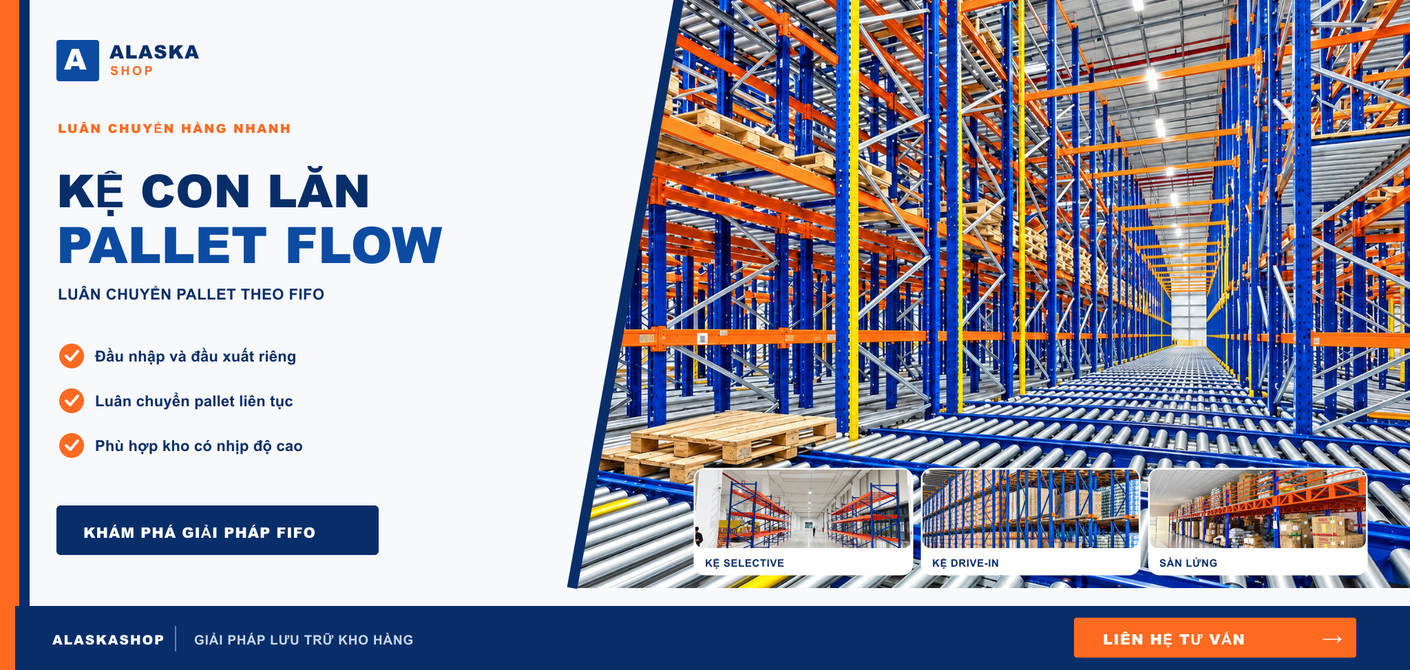 Kệ pallet Flow — luân chuyển pallet theo nguyên tắc FIFO